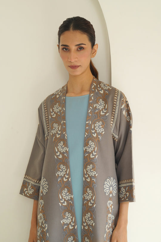 Long Buta Hand Embroidered Wool Choga Mink