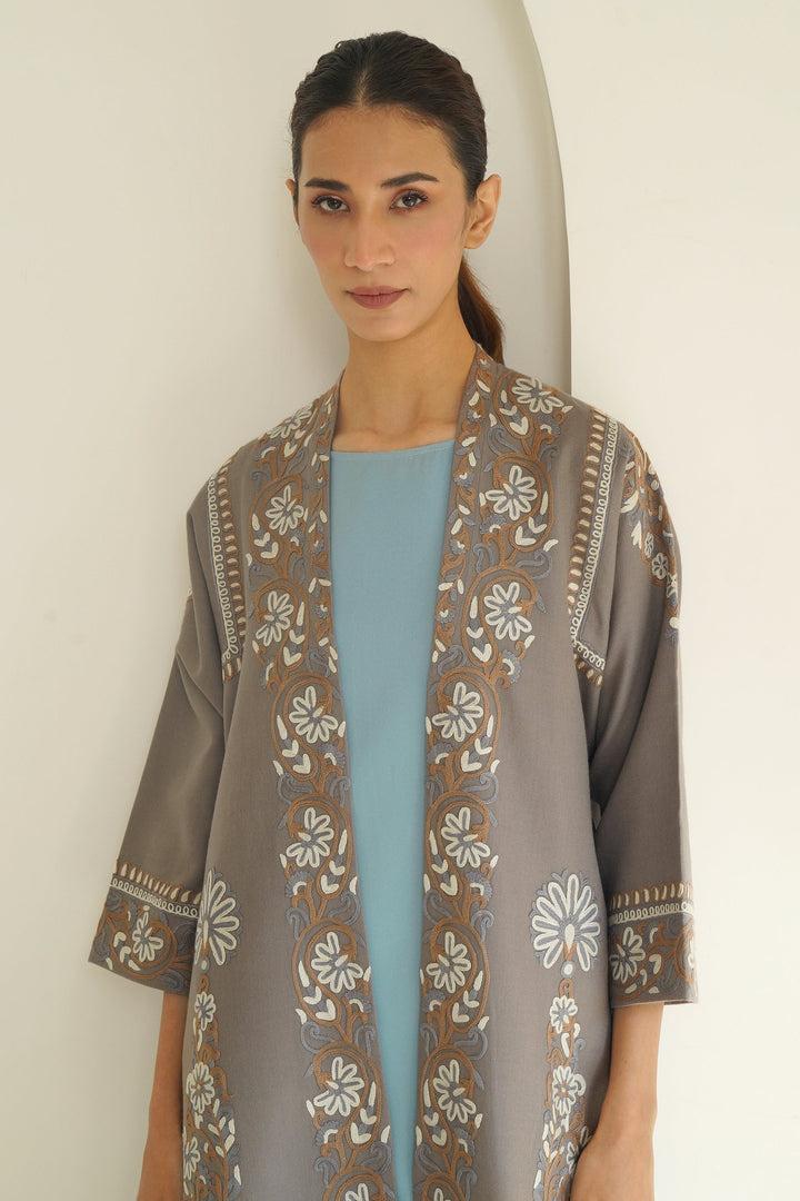 Long Buta Hand Embroidered Wool Choga Mink