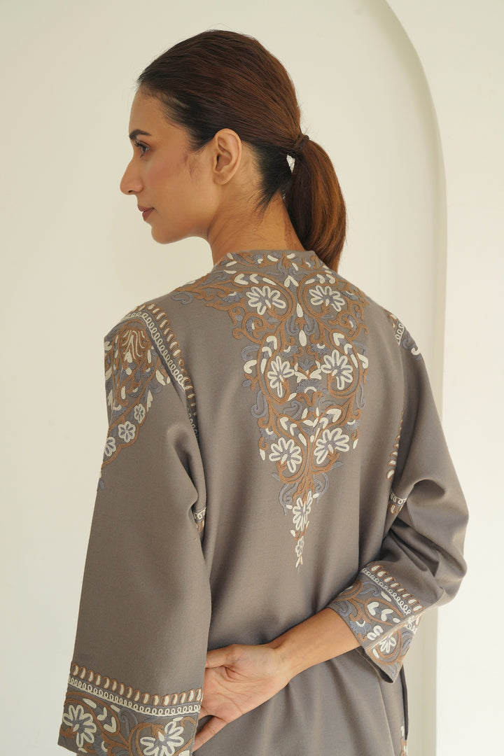 Long Buta Hand Embroidered Wool Choga Mink