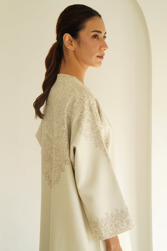 Paisley Buta Hand Embroidered Wool Choga Ivory