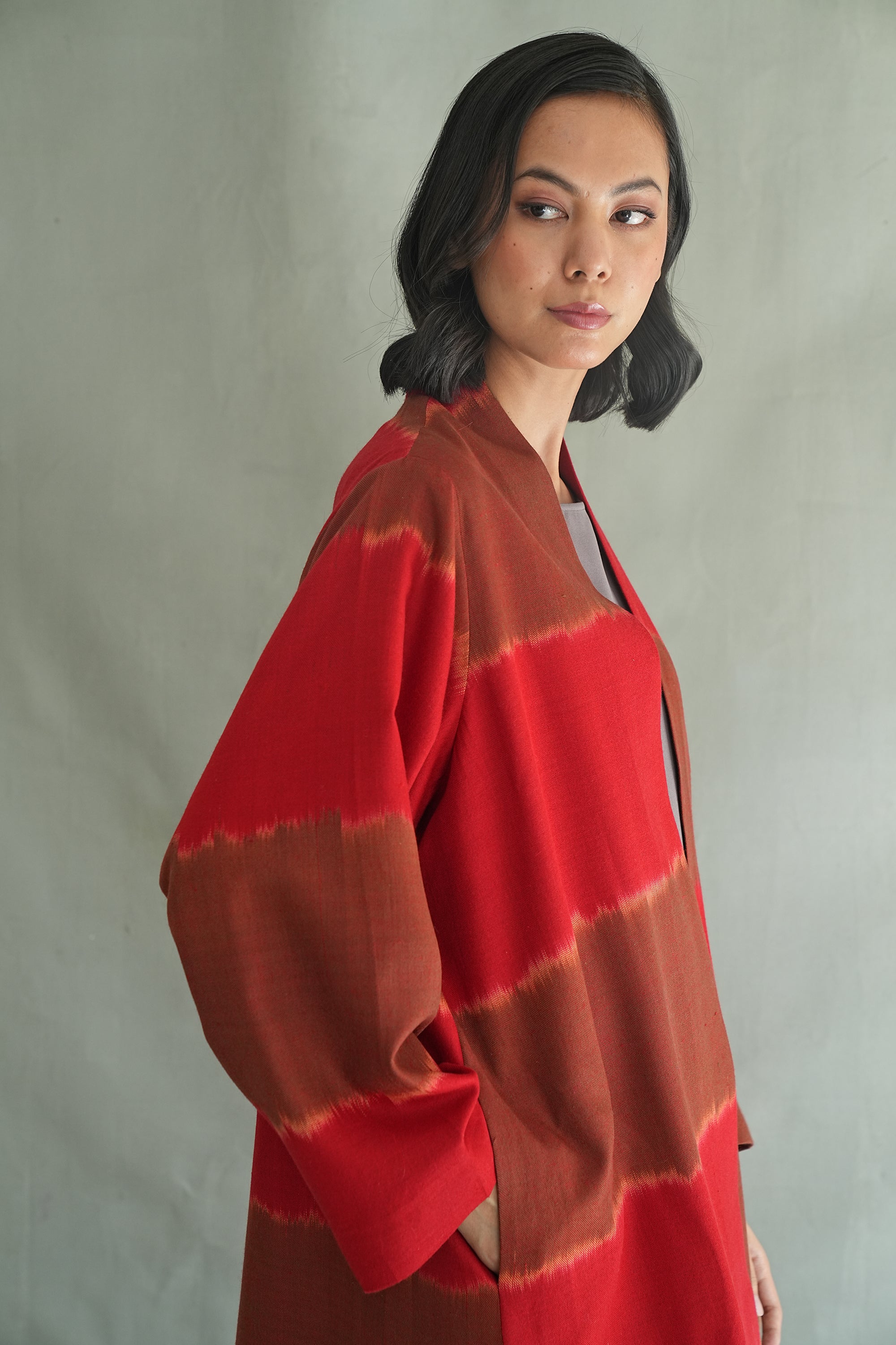 Ikat Tableau Cashmere Coat Beetroot Teak
