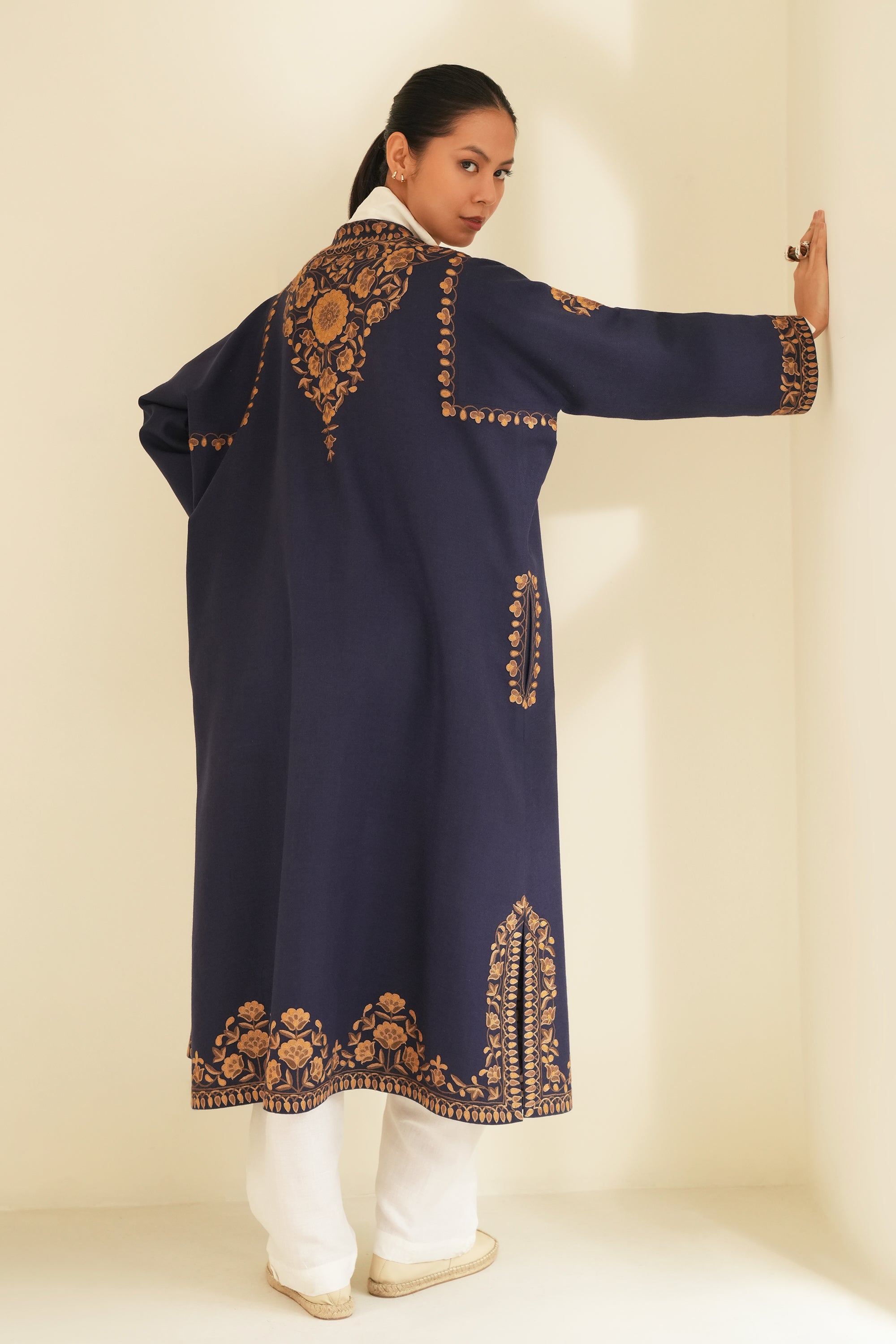 Poshmaal Hand Embroidered Wool Choga Midnight