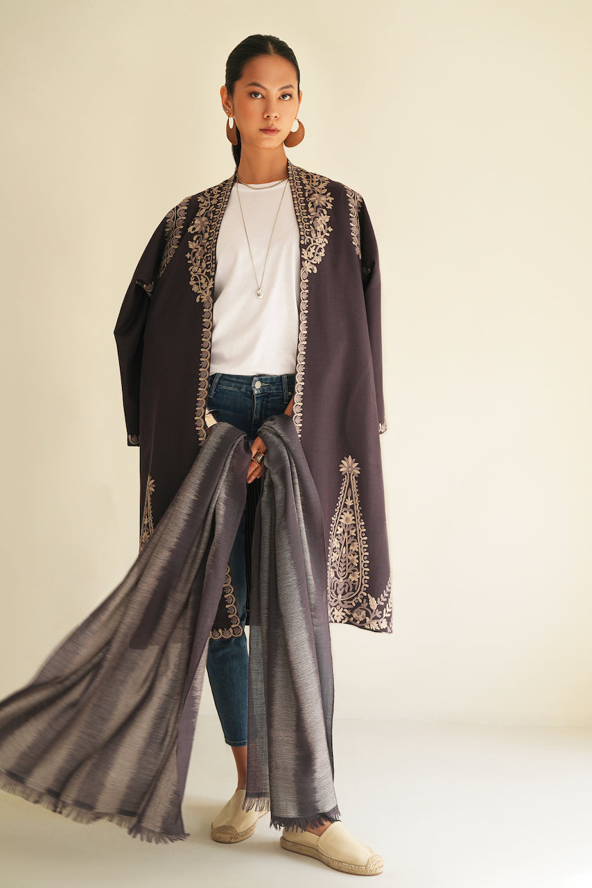 Mehrin Hand Embroidered Wool Choga Asphalt