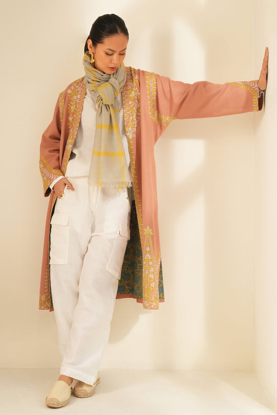 Mehrin Hand Embroidered Wool Choga Rose Quartz