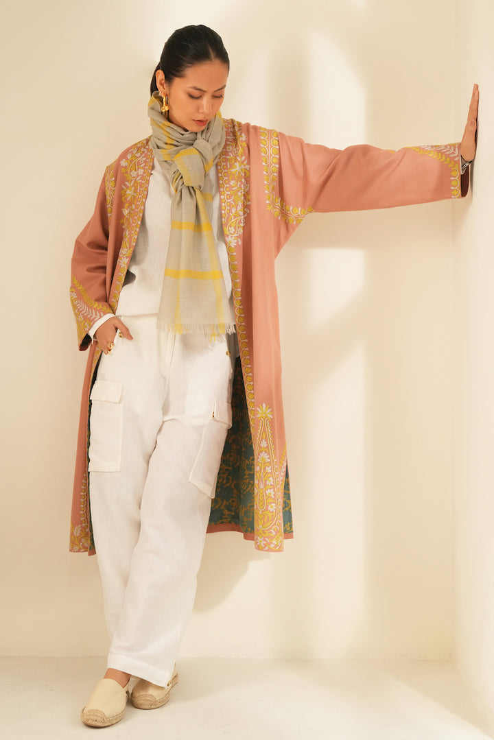 Mehrin Hand Embroidered Wool Choga Rose Quartz