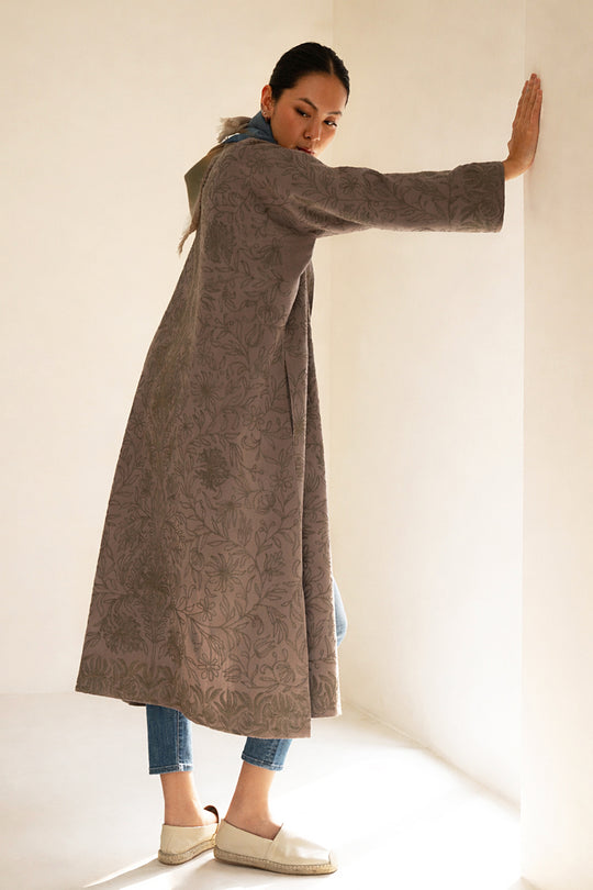 Kashmir Loom Nouran Hand Embroidered Wool Choga Mink