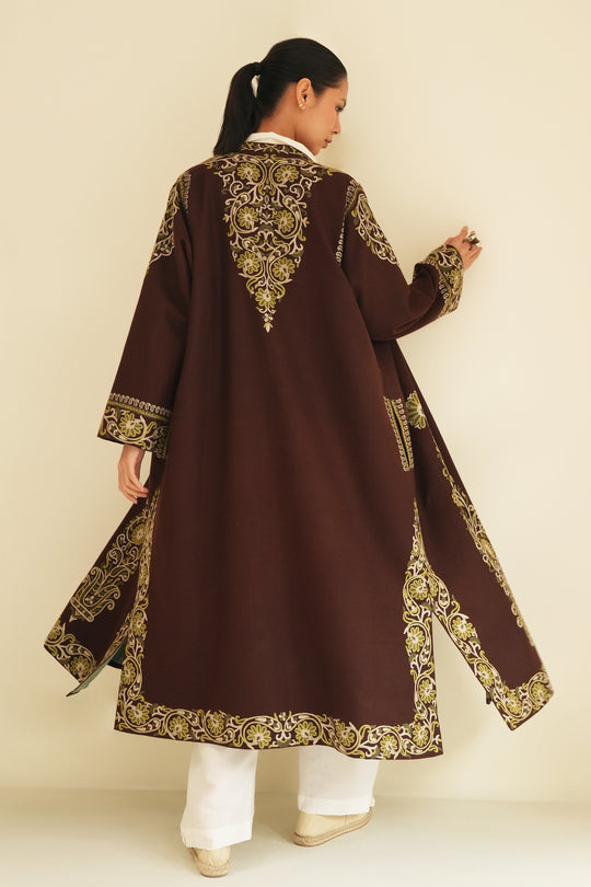 Hand Embroidered Aari Wool Choga Chocolate Brown | Kashmir Loom