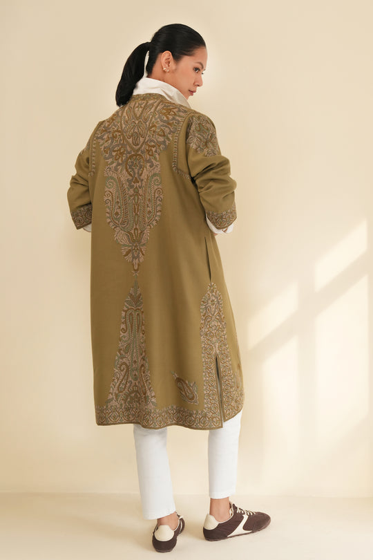 Kashmir Loom Clothing Zehra Hand Embroidered Wool Choga Leafy Green