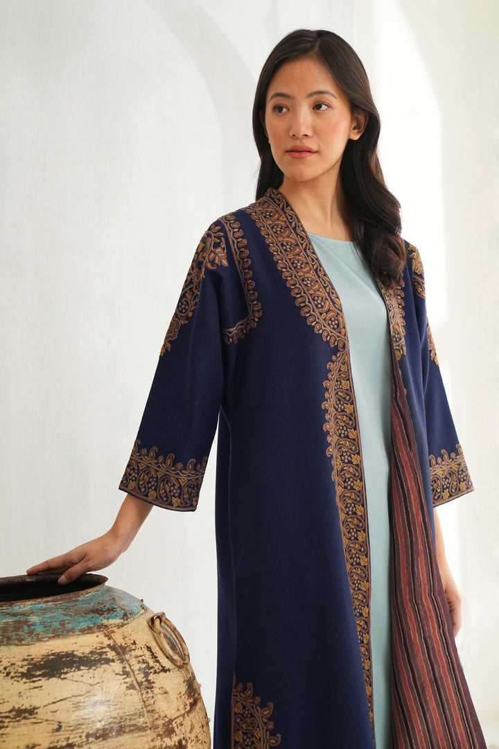 Kashmir Loom Paisley Buta Hand Embroidered Wool Choga Midnight