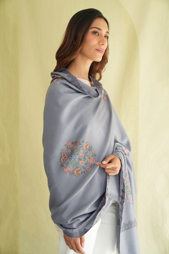 Kashmir Loom Sozni Afsoon Buta Hand Embroidered Large Pashmina Shawl Smoke
