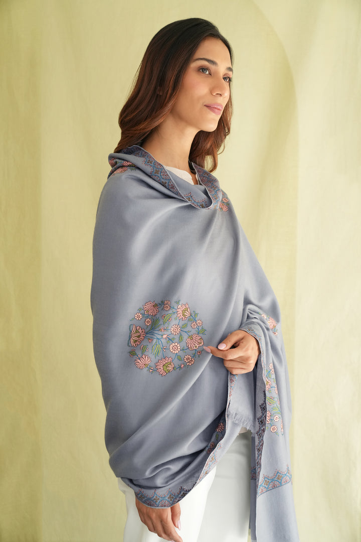 Kashmir Loom Sozni Afsoon Buta Hand Embroidered Large Pashmina Shawl Smoke