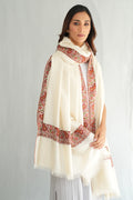 Kashmir Loom Sozni Dordar Hand Embroidered Oversize Pashmina Shawl Ivory