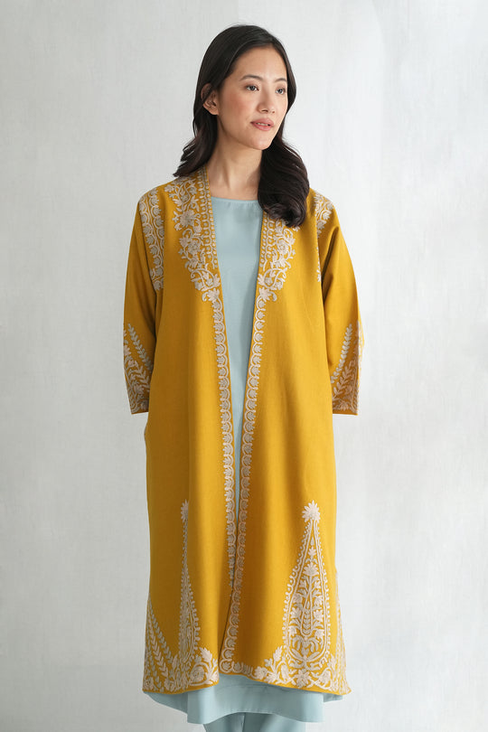 Kashmir Loom Floral Lattice Hand Embroidered Wool Choga Mineral