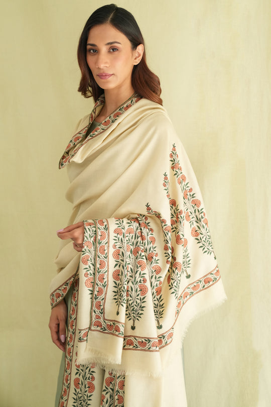 Kashmir Loom Sozni Palledar Long Buta Hand Embroidered Oversize Pashmina Shawl Bone Peach Green