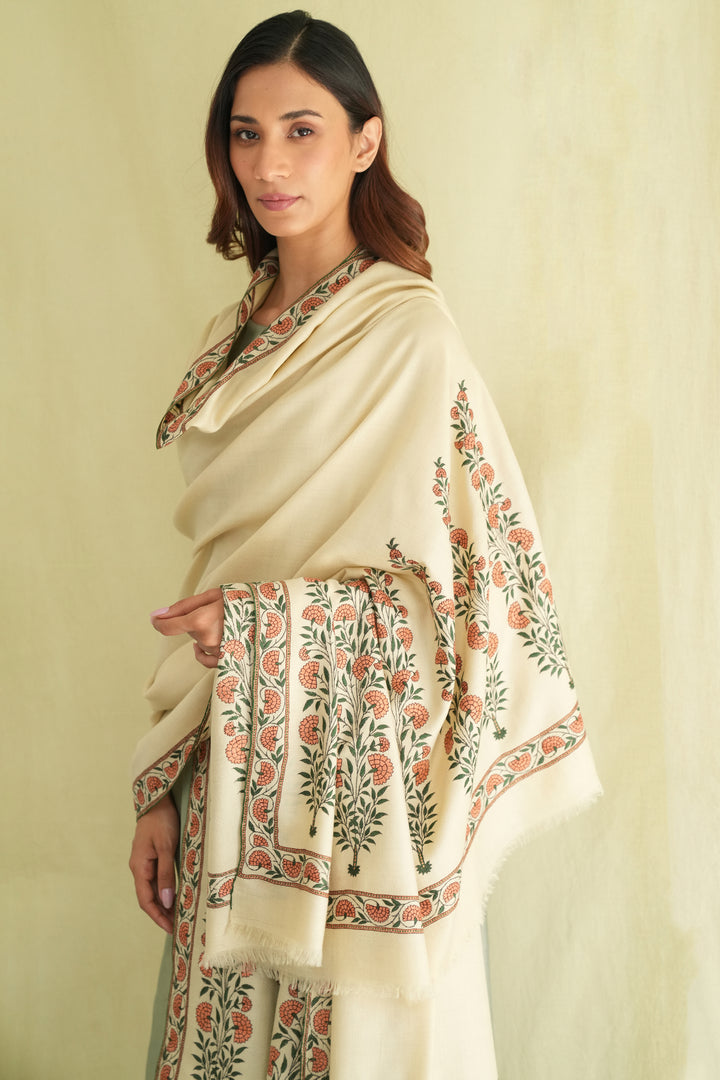 Kashmir Loom Sozni Palledar Long Buta Hand Embroidered Oversize Pashmina Shawl Bone Peach Green