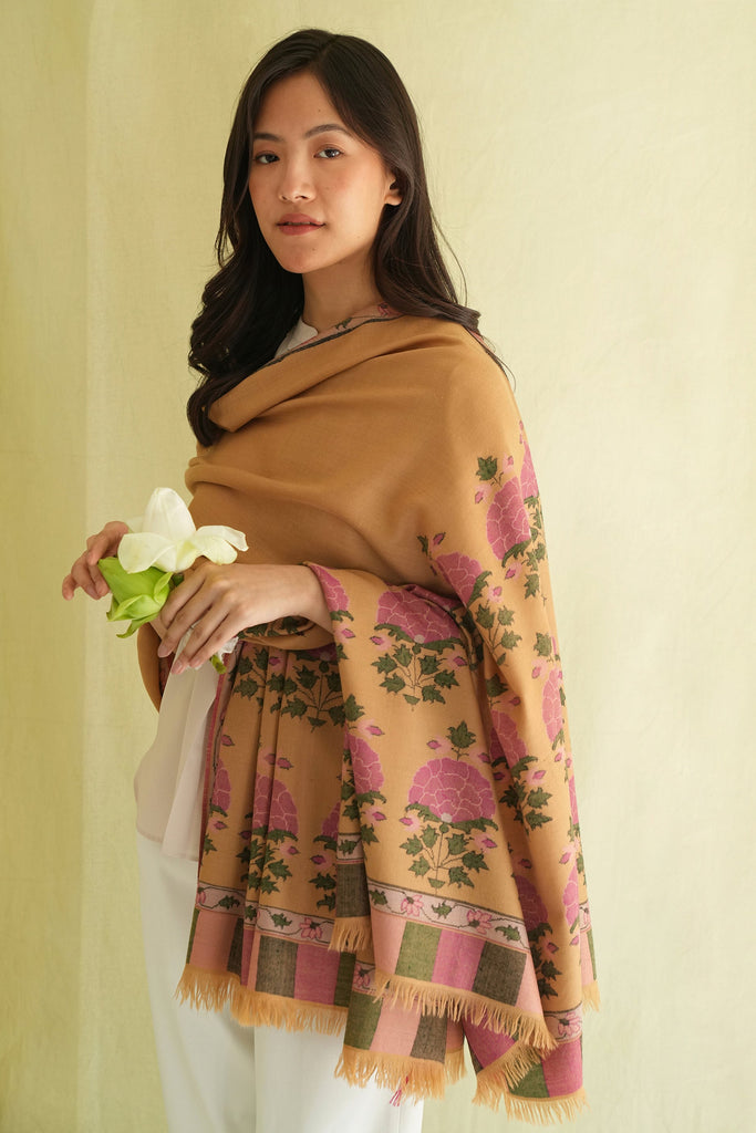 Handwoven Kani Pashmina Palledar Shawl Golden | Kashmir Loom