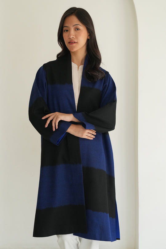 Kashmir Loom Ikat Tableau Cashmere Coat Cobalt Black
