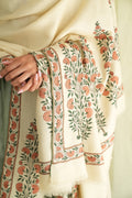 Kashmir Loom Sozni Palledar Long Buta Hand Embroidered Oversize Pashmina Shawl Bone Peach Green