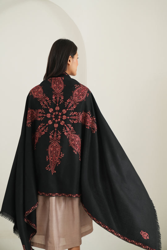 Kashmir Loom Sozni Shakufa Hand Embroidered Pashmina Shawl Black