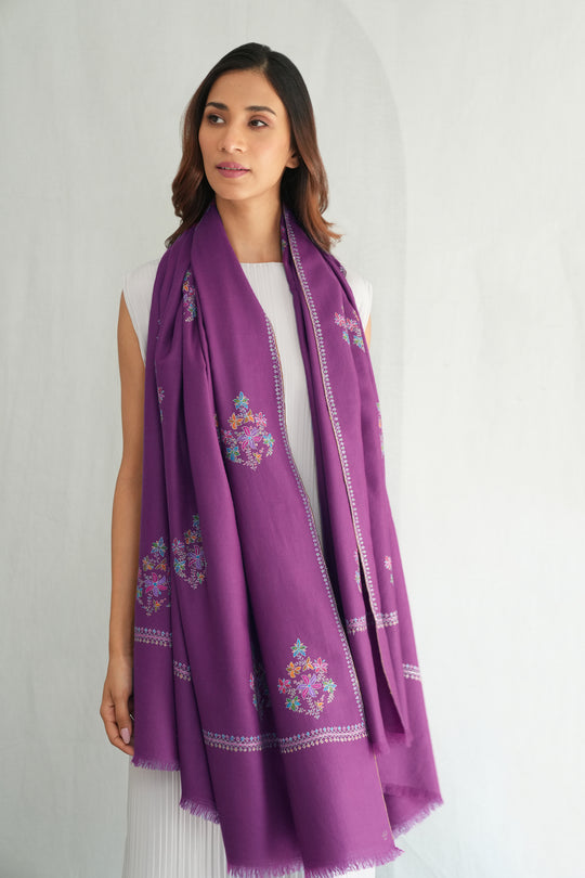 Sozni Resham Bail Buta Hand Embroidered Pashmina Shawl Magenta