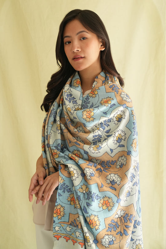 Kashmir Loom Kani Gulal Tour Hand Woven Large Pashmina Shawl Blue Peach