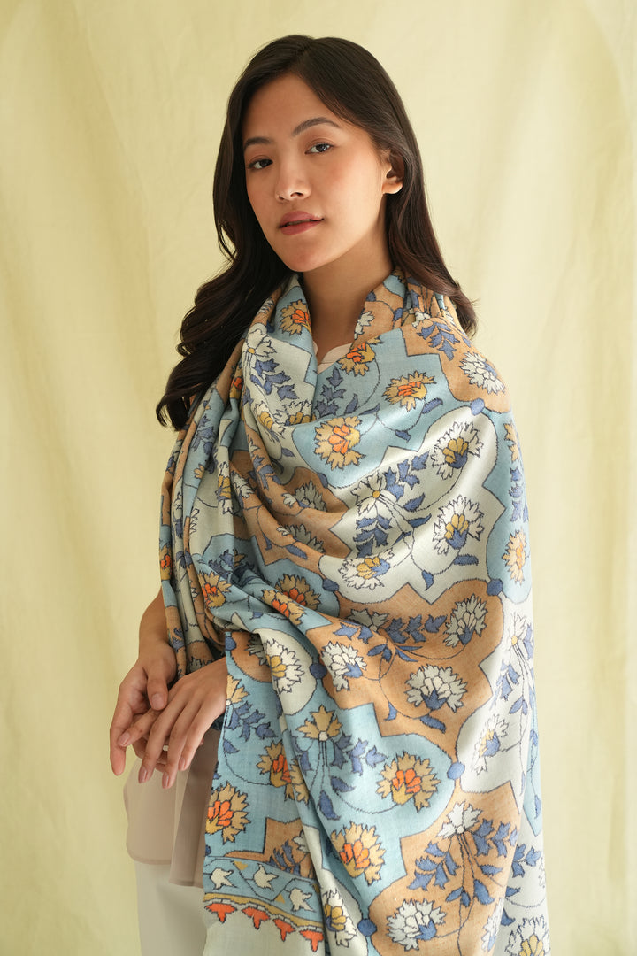 Kashmir Loom Kani Gulal Tour Hand Woven Large Pashmina Shawl Blue Peach