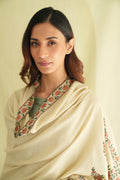 Kashmir Loom Sozni Palledar Long Buta Hand Embroidered Oversize Pashmina Shawl Bone Peach Green