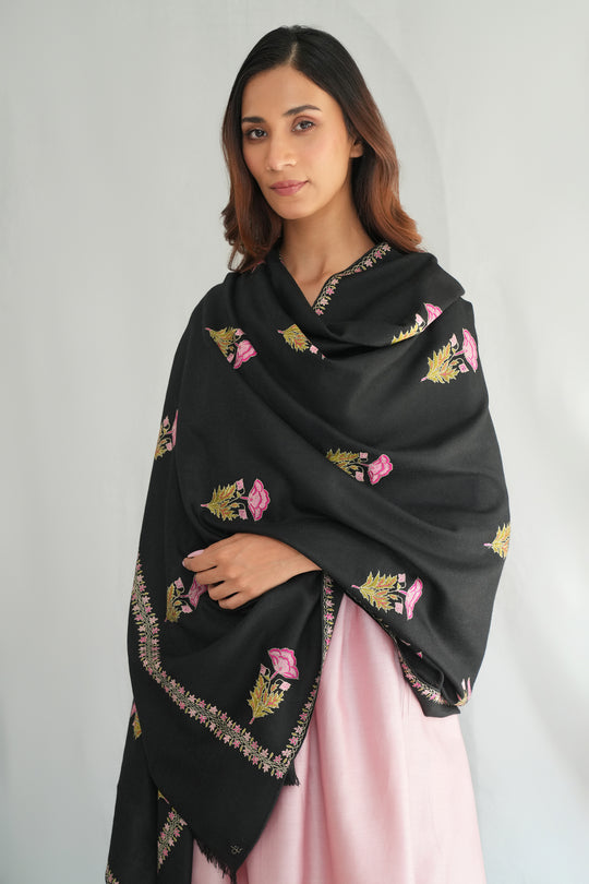 Kashmir Loom Sozni Zaza Allover Buti Hand Embroidered Pashmina Shawl Black