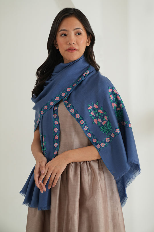 Kashmir Loom Sozni Nadira Palledar Buta Hand Embroidered Pashmina Stole Aegean