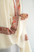 Kashmir Loom Sozni Dordar Hand Embroidered Oversize Pashmina Shawl Ivory
