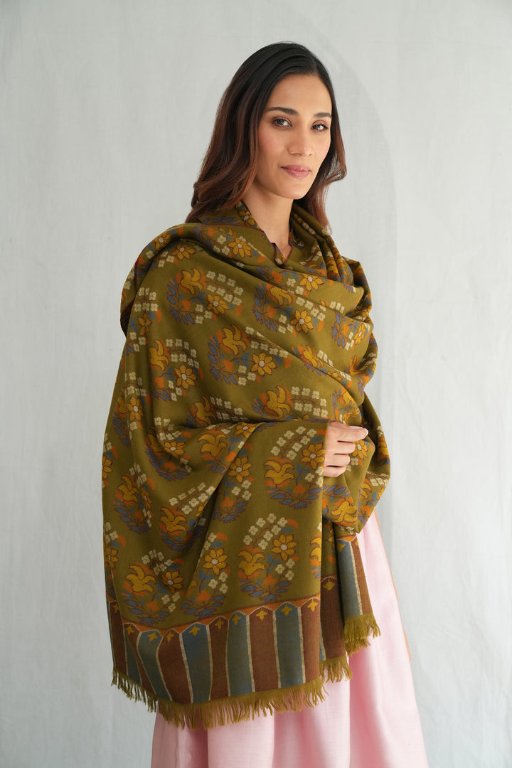 Kashmir Loom Kani Shagufta Buta Hand Woven Large Pashmina Shawl Olive
