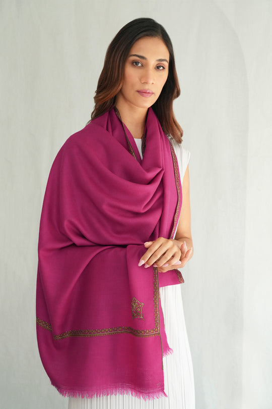 Kashmir Loom Sozni Baildar Koundar Hand Embroidered Pashmina Stole Fuchsia