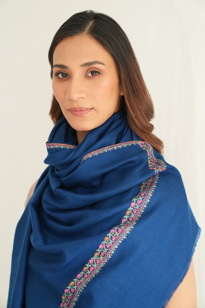 Kashmir Loom Sozni Resham Gulnoosh Hand Embroidered Pashmina Shawl Indigo
