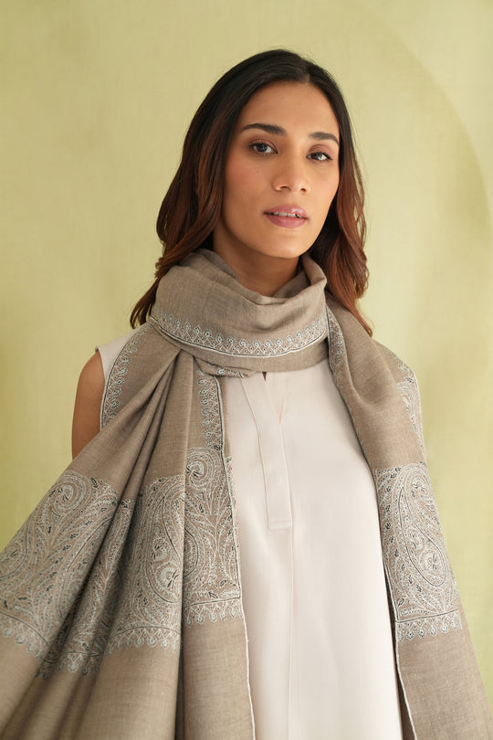 Kashmir Loom Sozni Paisley Palledar Hand Embroidered Pashmina Shawl Natural Ivory Black