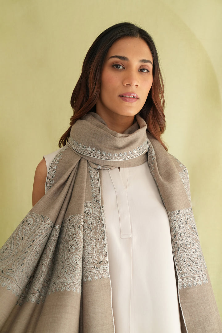 Kashmir Loom Sozni Paisley Palledar Hand Embroidered Pashmina Shawl Natural Ivory Black