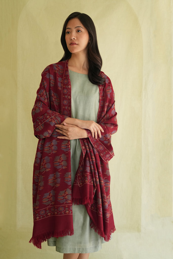 Handwoven Pashmina Kani Butidar Jama Shawl Red | Kashmir Loom