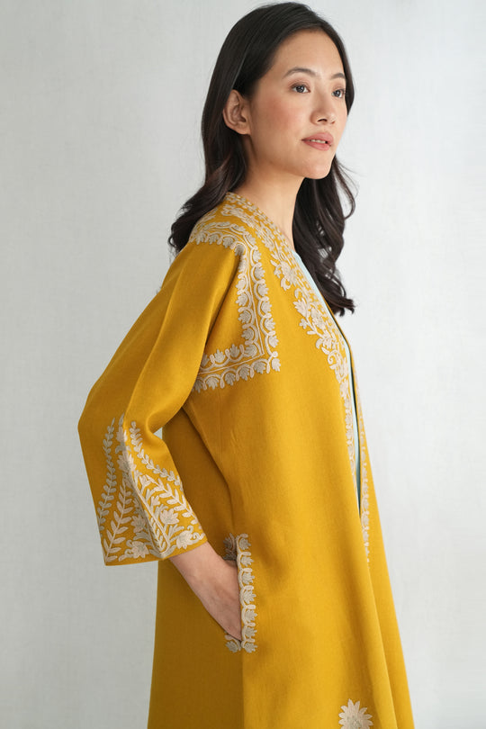 Kashmir Loom Floral Lattice Hand Embroidered Wool Choga Mineral