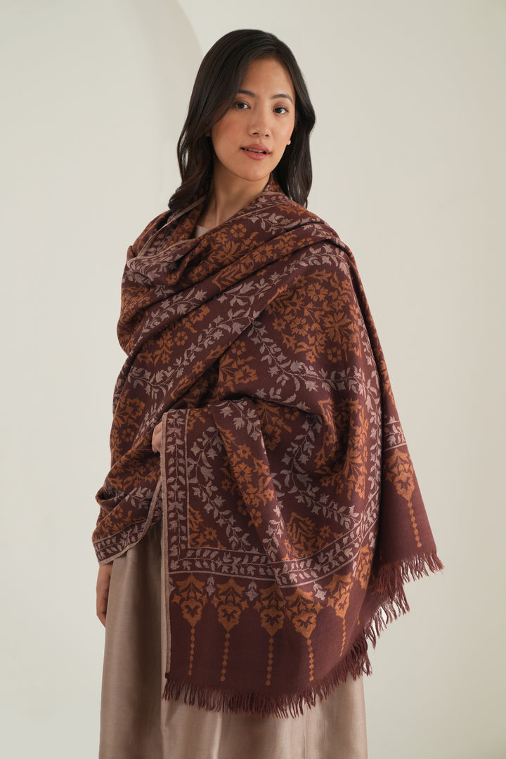 Kashmir Loom Kani Gumbandar Jama Hand Woven Large Pashmina Shawl Brown