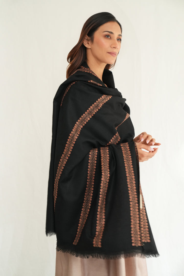 Kashmir Loom Sozni Gulsheeda Flower Bail Khatrast Hand Embroidered Pashmina Shawl Black