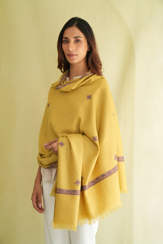Kashmir Loom Sozni Viyana Hashiya Buti Hand Embroidered Pashmina Shawl Gild