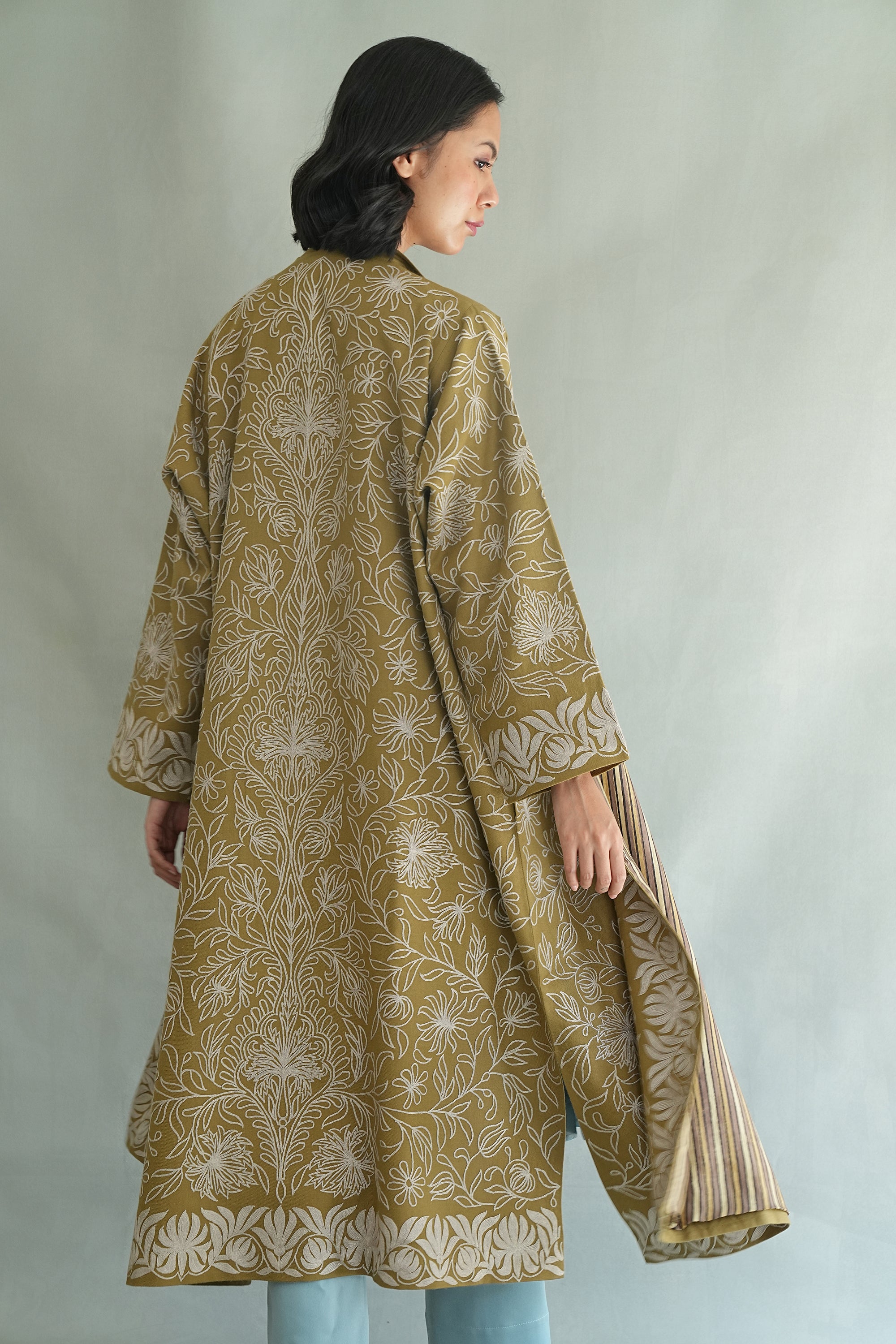 Nouran Hand Embroidered Wool Choga Leafy