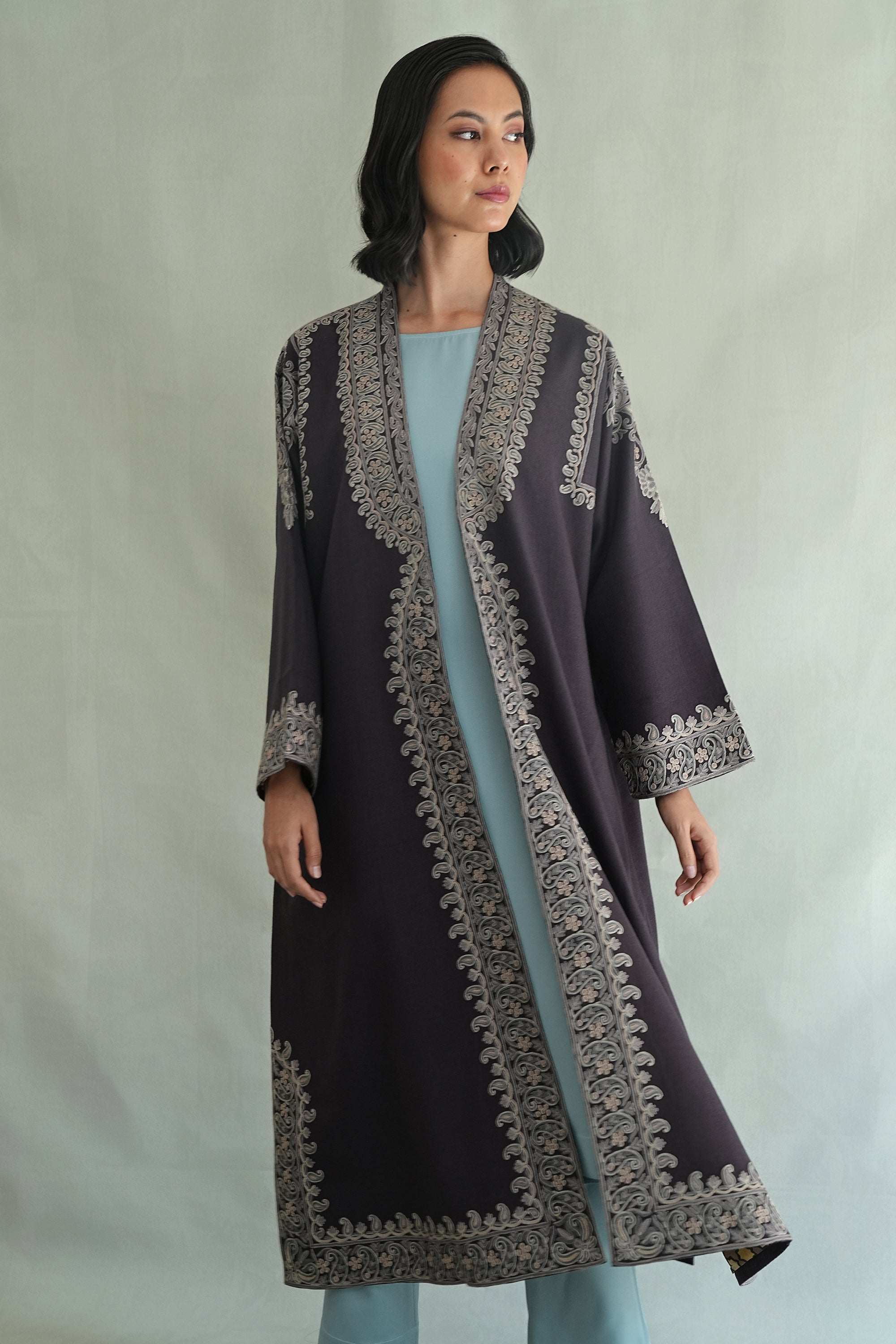 Ravza Hand Embroidered Wool Choga Asphalt