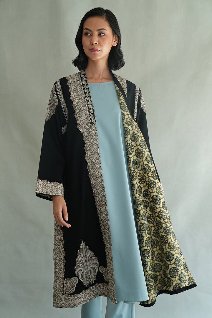 Kashmir Loom Corner Buta Hand Embroidered Wool Choga Black Beige