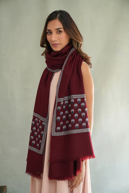 Kashmir Loom Sozni Nafees Buti Palledar Hand Embroidered Pashmina Large Shawl Cabernet