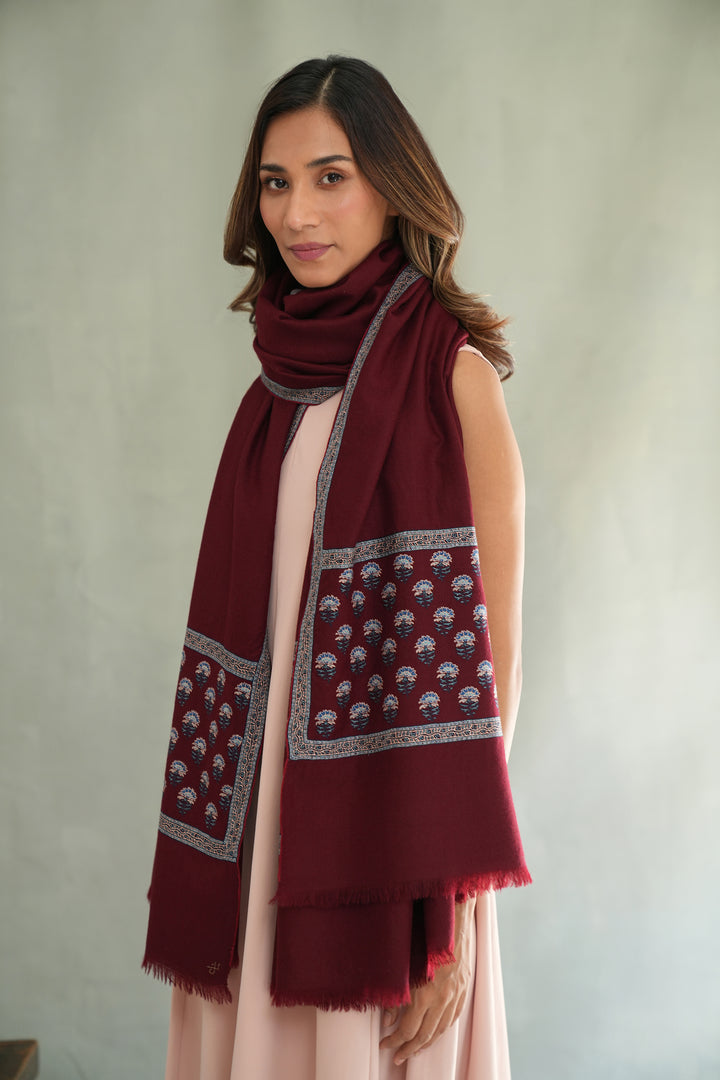 Kashmir Loom Sozni Nafees Buti Palledar Hand Embroidered Pashmina Large Shawl Cabernet