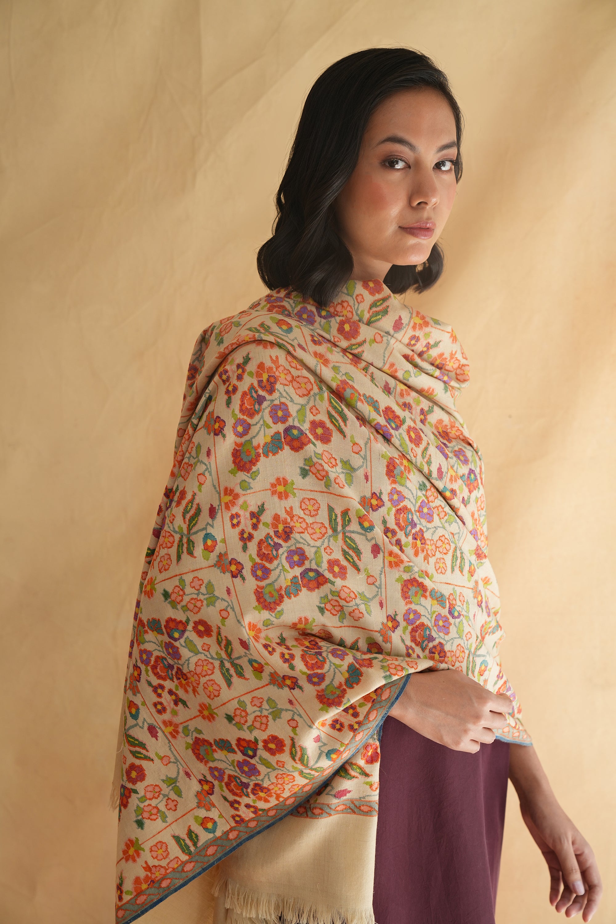 Kani Badam Jamawar Hand Woven Pashmina Large Shawl Butter Red