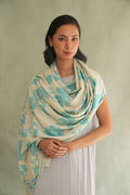 Kashmir Loom Kani Mazariya Hand Woven Pashmina Shawl Ivory Cerulean