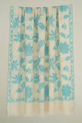 Kashmir Loom Kani Mazariya Hand Woven Pashmina Shawl Ivory Cerulean