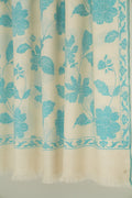 Kashmir Loom Kani Mazariya Hand Woven Pashmina Shawl Ivory Cerulean