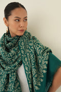 Sozni Rahbar Jaaldar Hand Embroidered Pashmina Shawl Ultramarine Green